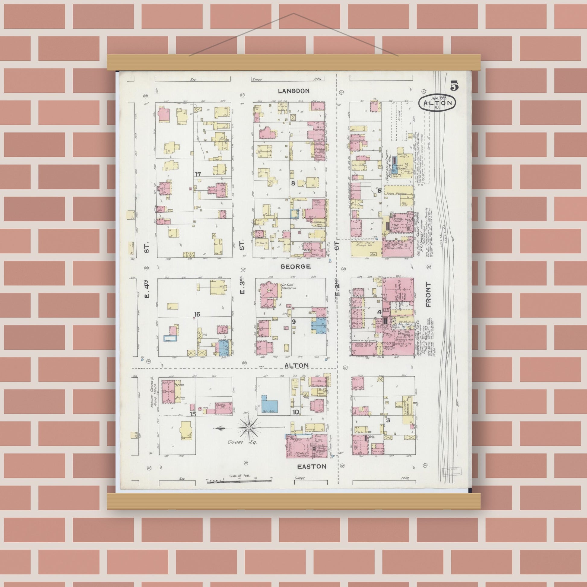 Old map wall art mockup — magnetic wood frame on brick wall — Sanborn Fire Insurance Map from Alton, Madison County, Illinois (1892), Sheet #0005
