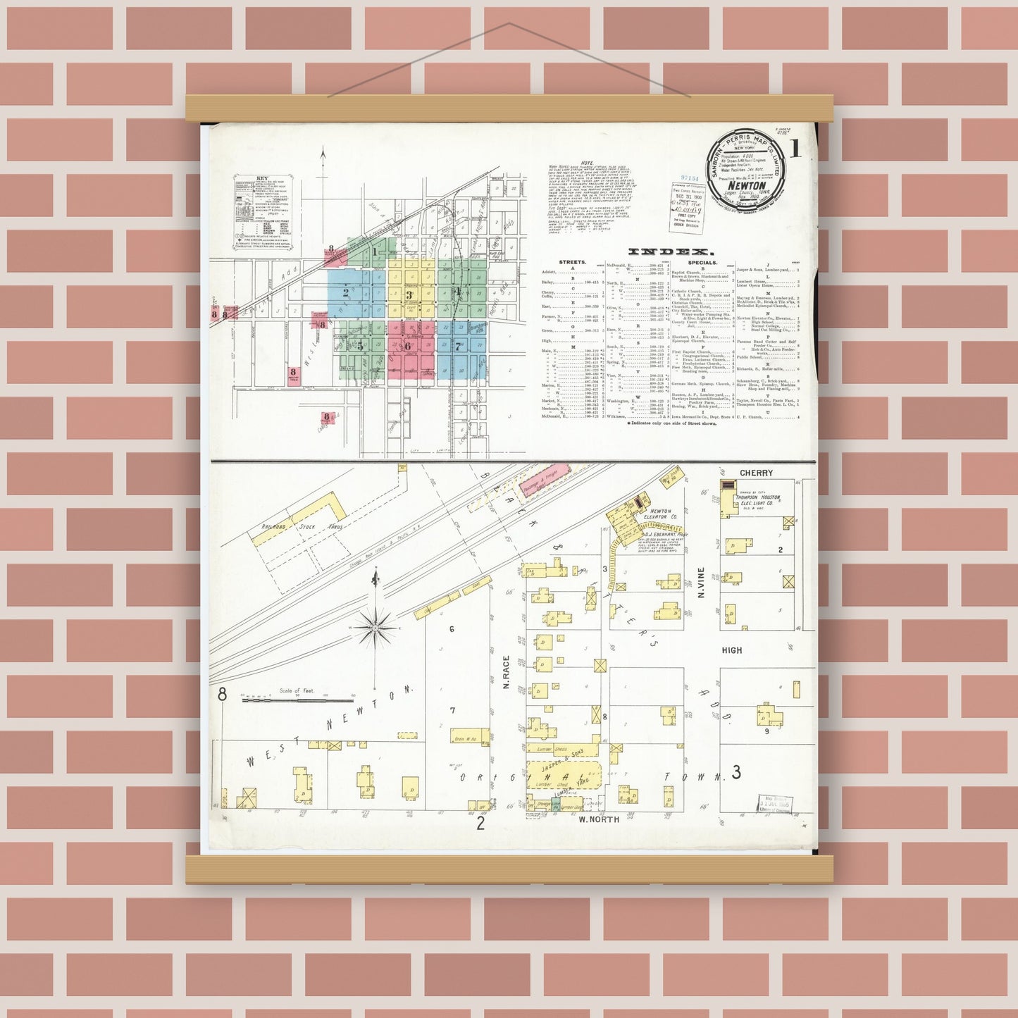 Old map wall art mockup — magnetic wood frame on brick wall — Sanborn Fire Insurance Map from Newton, Jasper County, Iowa (1900) â€” Complete Set