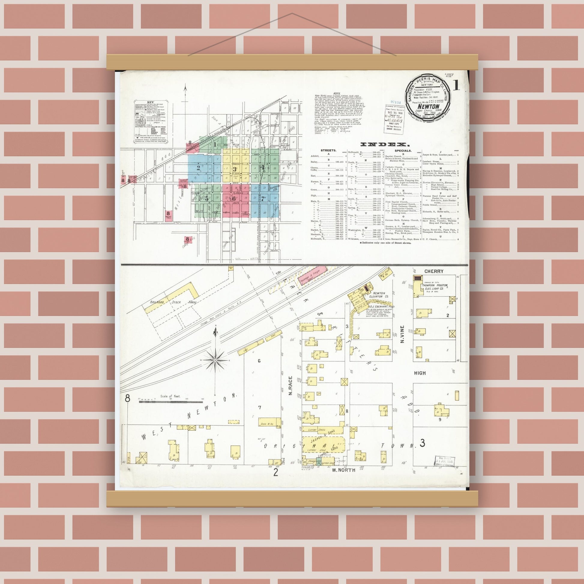 Old map wall art mockup — magnetic wood frame on brick wall — Sanborn Fire Insurance Map from Newton, Jasper County, Iowa (1900) â€” Complete Set
