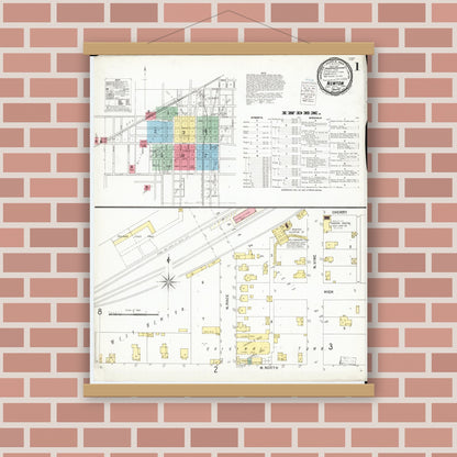 Old map wall art mockup — magnetic wood frame on brick wall — Sanborn Fire Insurance Map from Newton, Jasper County, Iowa (1900) â€” Complete Set