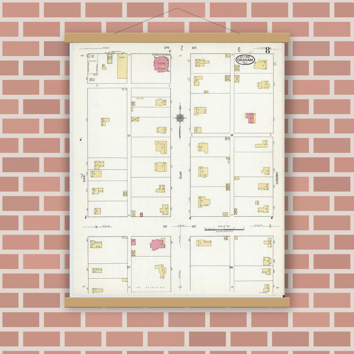 Old map wall art mockup — magnetic wood frame on brick wall — Sanborn Fire Insurance Map from Graham, Young County, Texas (1920), Sheet #0008