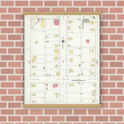 Old map wall art mockup — magnetic wood frame on brick wall — Sanborn Fire Insurance Map from Graham, Young County, Texas (1920), Sheet #0008