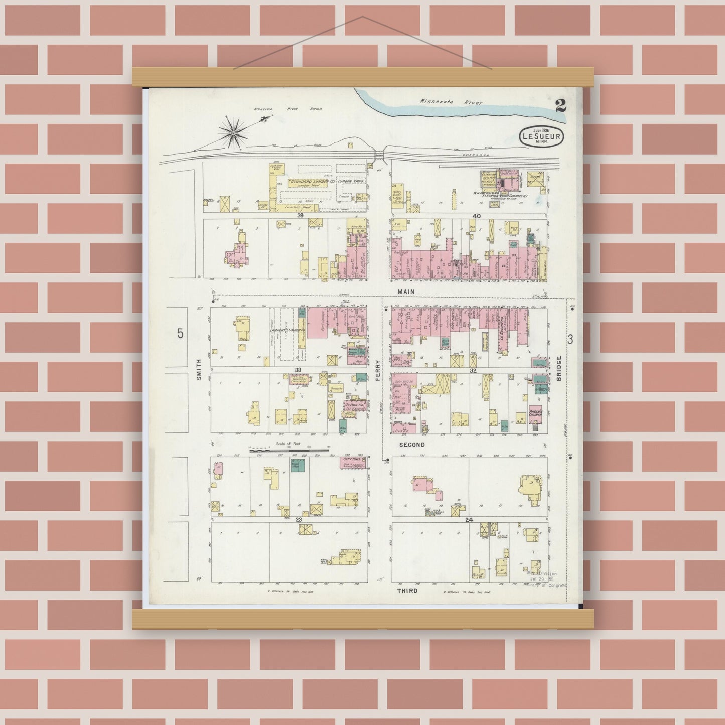 Old map wall art mockup — magnetic wood frame on brick wall — Sanborn Fire Insurance Map from Le Sueur, Le Sueur County, Minnesota (1896), Sheet #0002