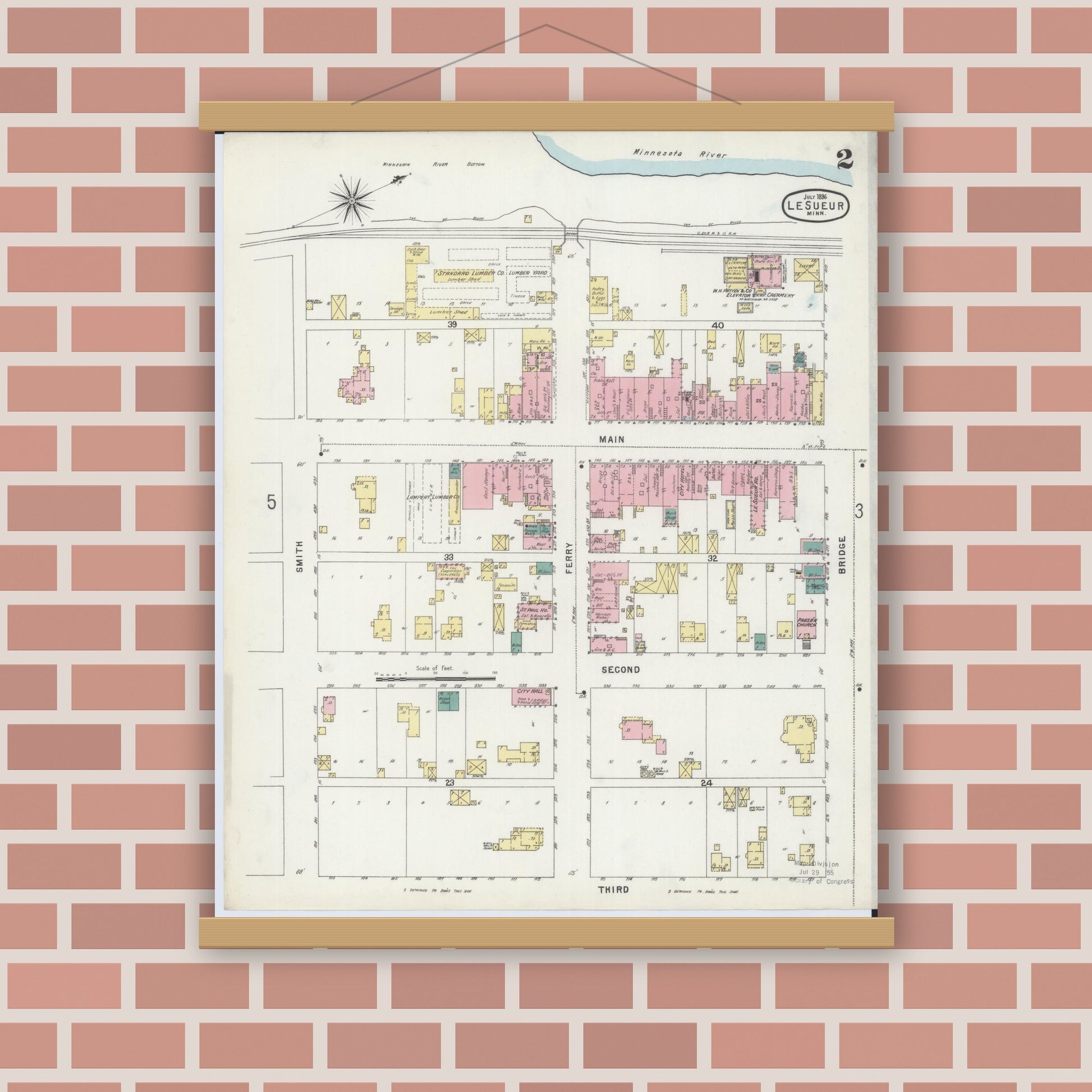 Old map wall art mockup — magnetic wood frame on brick wall — Sanborn Fire Insurance Map from Le Sueur, Le Sueur County, Minnesota (1896), Sheet #0002