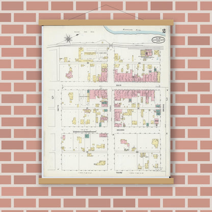 Old map wall art mockup — magnetic wood frame on brick wall — Sanborn Fire Insurance Map from Le Sueur, Le Sueur County, Minnesota (1896), Sheet #0002