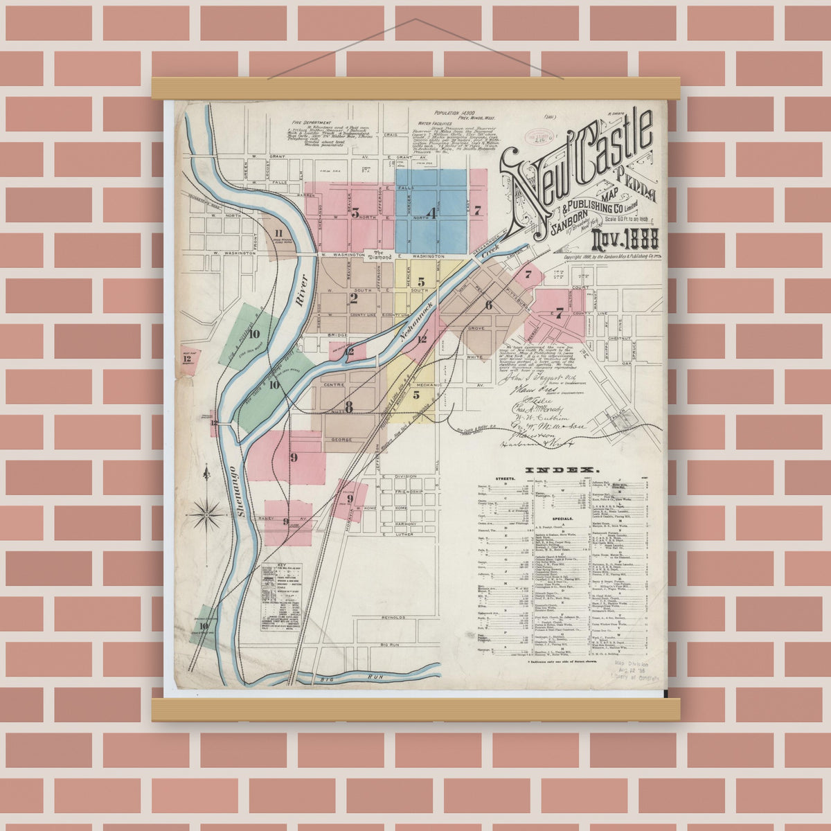 Old map wall art mockup — magnetic wood frame on brick wall — Sanborn Fire Insurance Map from New Castle, Lawrence County, Pennsylvania (1888), Sheet #0001