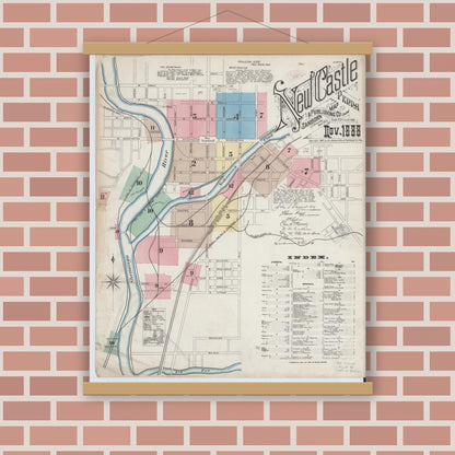 Old map wall art mockup — magnetic wood frame on brick wall — Sanborn Fire Insurance Map from New Castle, Lawrence County, Pennsylvania (1888), Sheet #0001