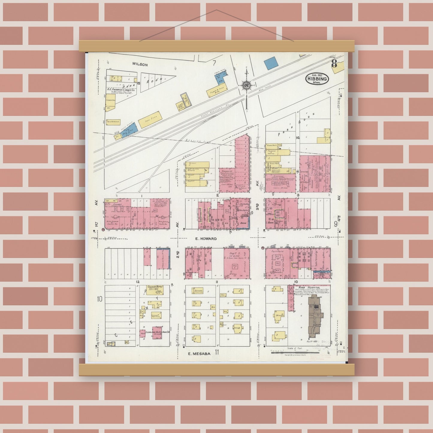 Old map wall art mockup — magnetic wood frame on brick wall — Sanborn Fire Insurance Map from Hibbing, Saint Louis County, Minnesota (1921), Sheet #0008