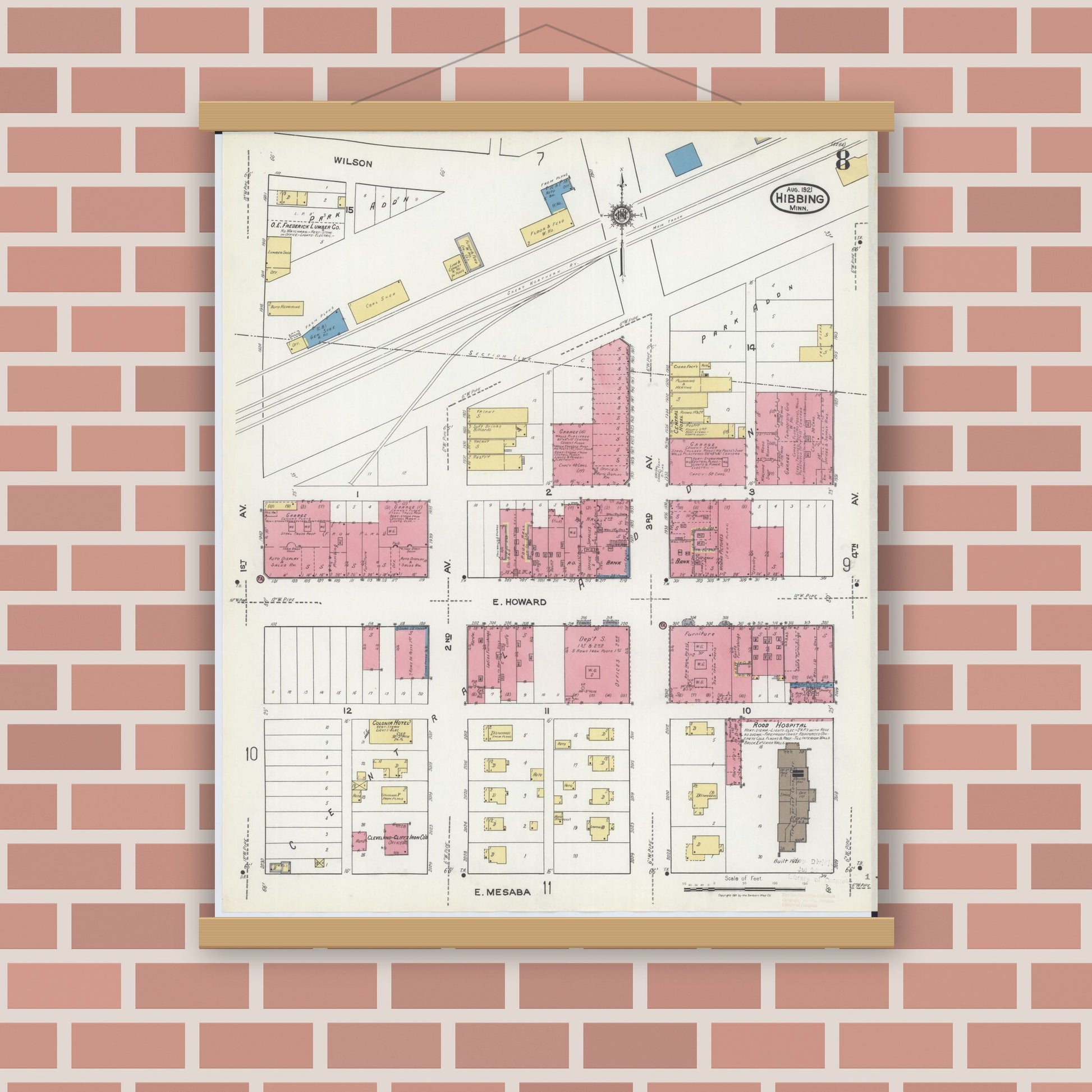 Old map wall art mockup — magnetic wood frame on brick wall — Sanborn Fire Insurance Map from Hibbing, Saint Louis County, Minnesota (1921), Sheet #0008