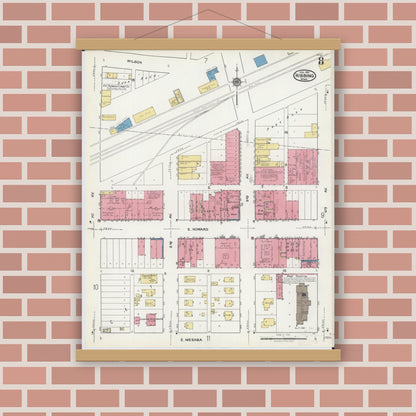 Old map wall art mockup — magnetic wood frame on brick wall — Sanborn Fire Insurance Map from Hibbing, Saint Louis County, Minnesota (1921), Sheet #0008