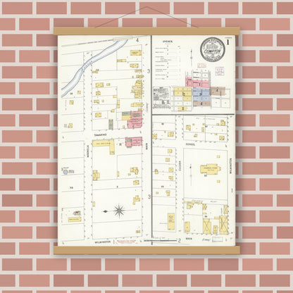 Old map wall art mockup — magnetic wood frame on brick wall — Sanborn Fire Insurance Map from Compton, Los Angeles County, California (1907), Sheet #0001