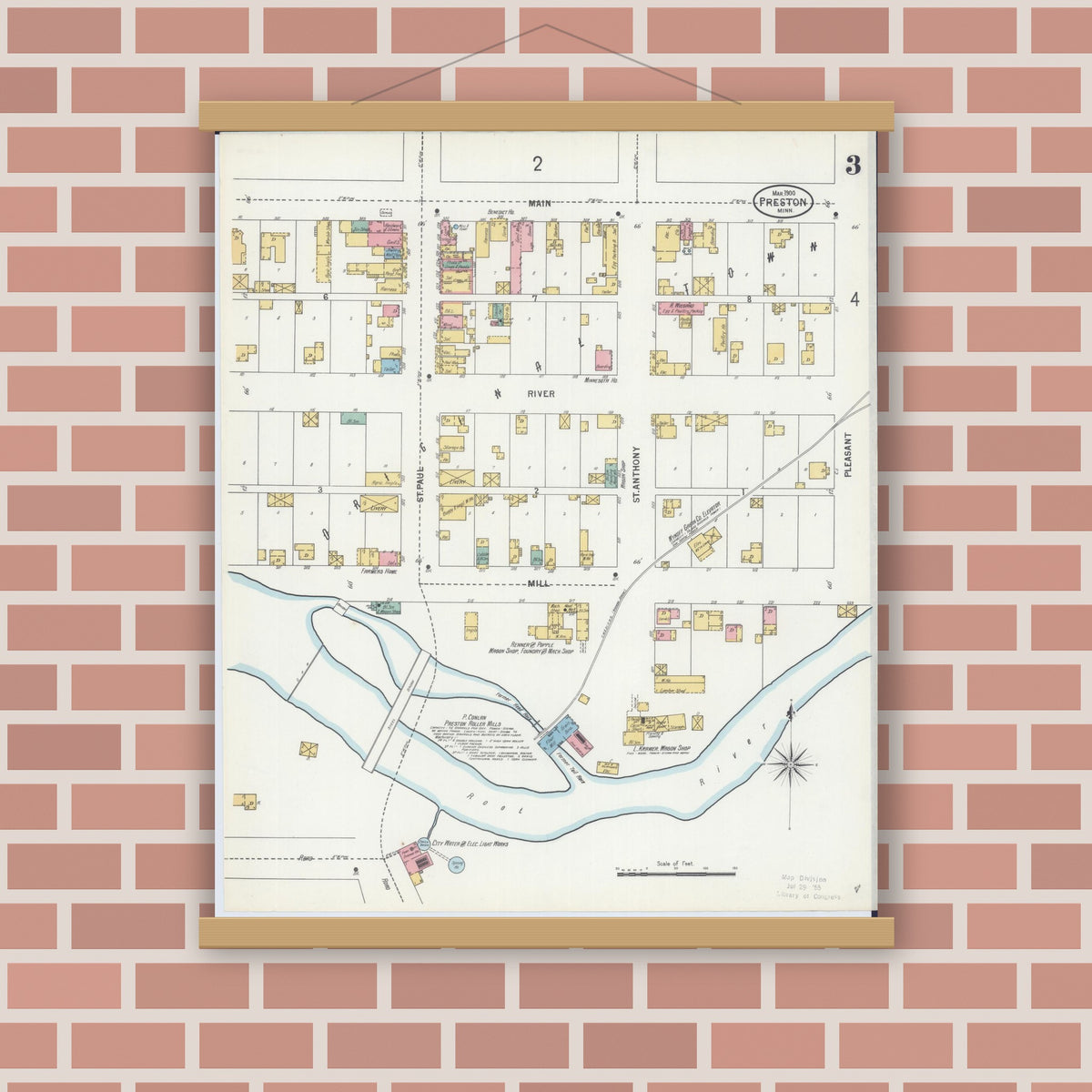 Old map wall art mockup — magnetic wood frame on brick wall — Sanborn Fire Insurance Map from Preston, Fillmore County, Minnesota (1900), Sheet #0003