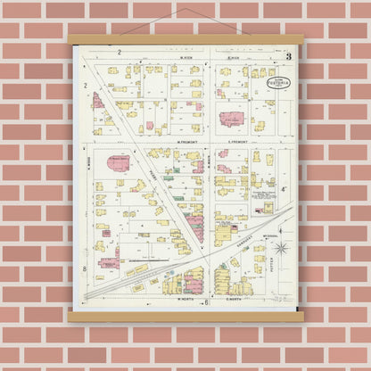 Old map wall art mockup — magnetic wood frame on brick wall — Sanborn Fire Insurance Map from Fostoria, Seneca, Hancock, And Wood Counties, Ohio (1896), Sheet #0003