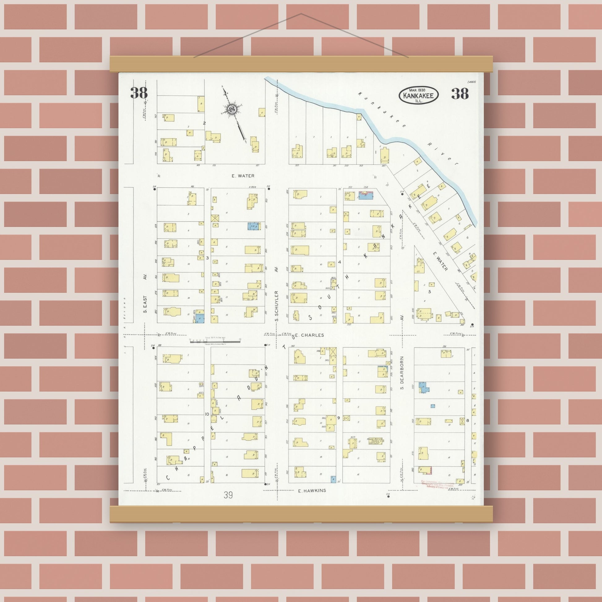 Old map wall art mockup — magnetic wood frame on brick wall — Sanborn Fire Insurance Map from Kankakee, Kankakee County, Illinois (1930), Sheet #0038