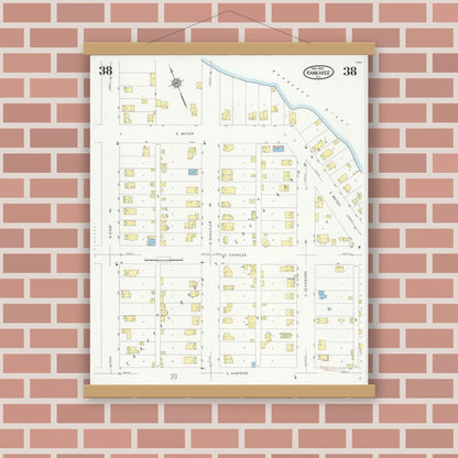 Old map wall art mockup — magnetic wood frame on brick wall — Sanborn Fire Insurance Map from Kankakee, Kankakee County, Illinois (1930), Sheet #0038