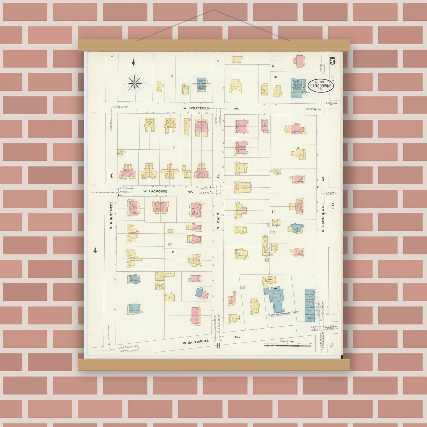 Old map wall art mockup — magnetic wood frame on brick wall — Sanborn Fire Insurance Map from Lansdowne, Delaware County, Pennsylvania (1908), Sheet #0005