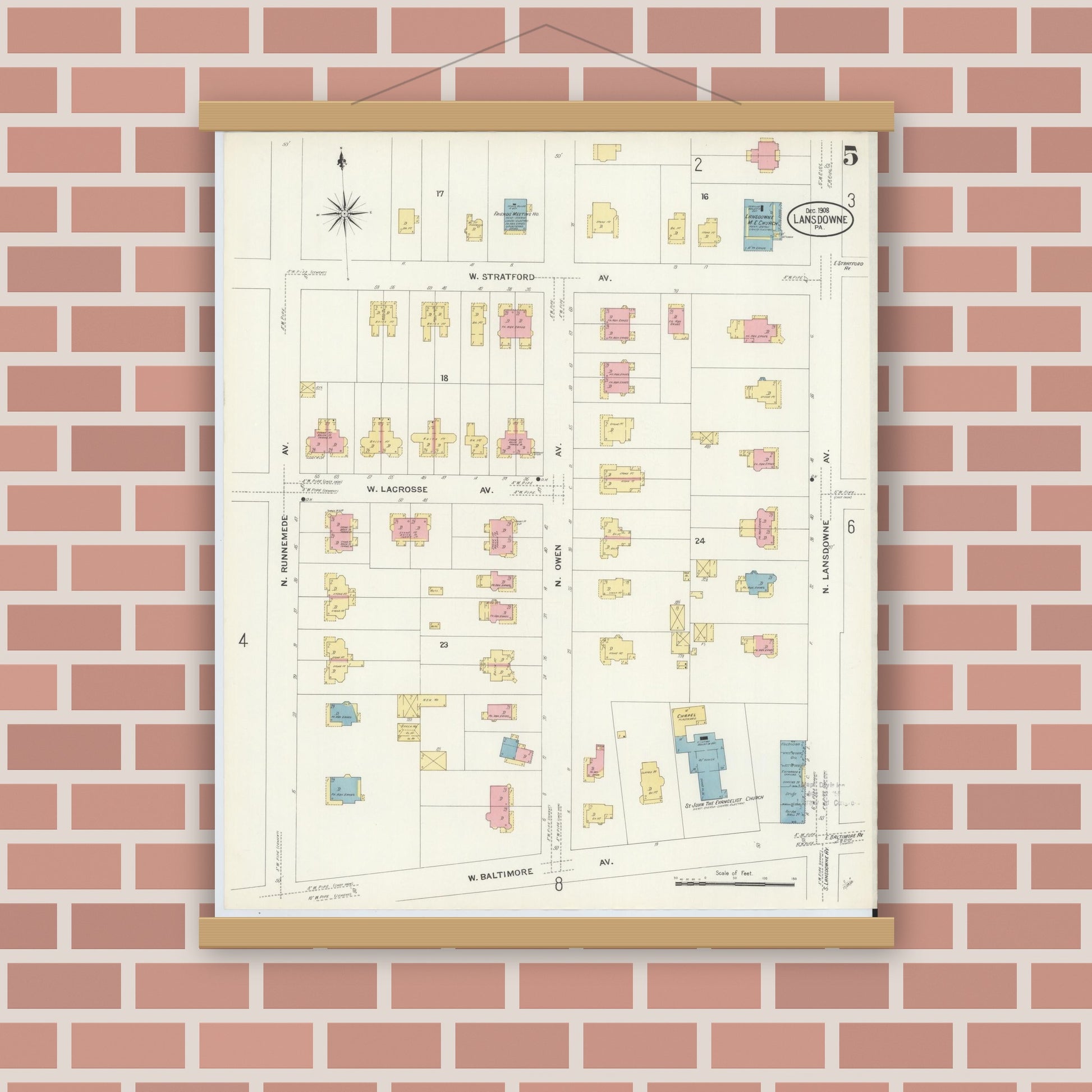 Old map wall art mockup — magnetic wood frame on brick wall — Sanborn Fire Insurance Map from Lansdowne, Delaware County, Pennsylvania (1908), Sheet #0005