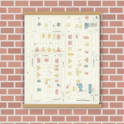 Old map wall art mockup — magnetic wood frame on brick wall — Sanborn Fire Insurance Map from Lansdowne, Delaware County, Pennsylvania (1908), Sheet #0005