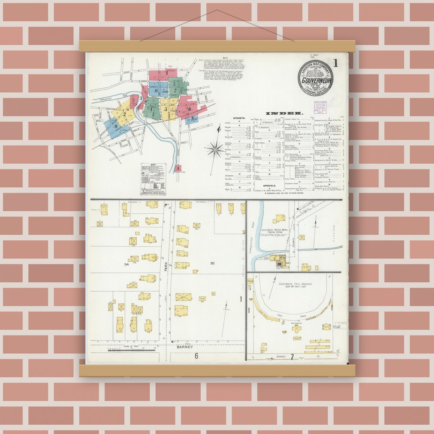 Old map wall art mockup — magnetic wood frame on brick wall — Sanborn Fire Insurance Map from Gouverneur, Saint Lawrence County, New York (1905), Sheet #0001
