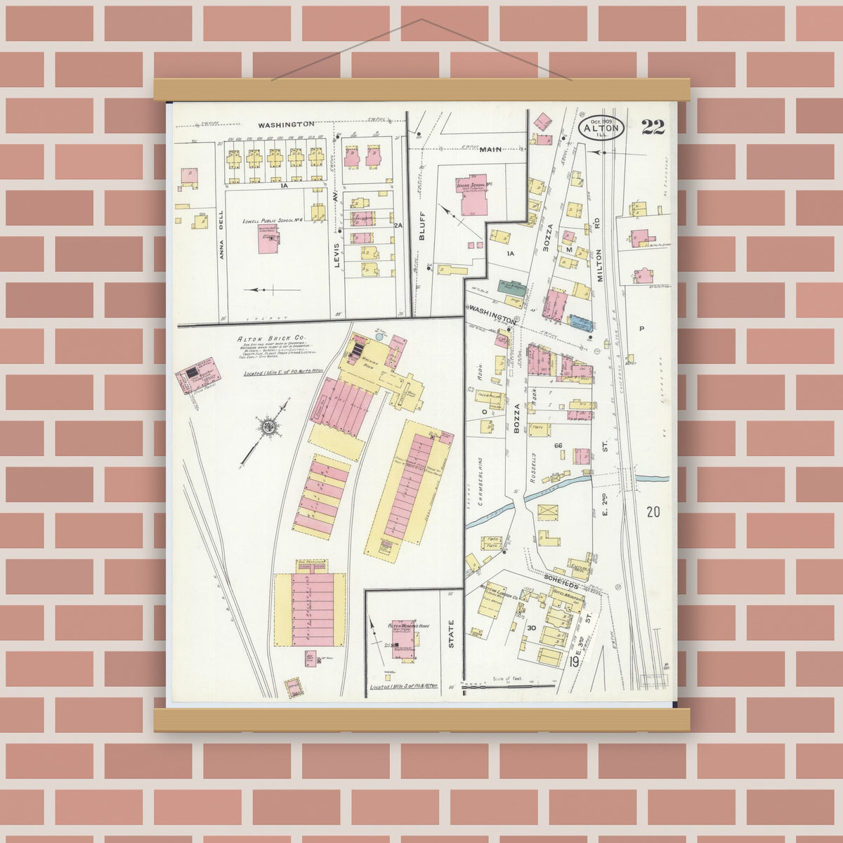 Old map wall art mockup — magnetic wood frame on brick wall — Sanborn Fire Insurance Map from Alton, Madison County, Illinois (1909), Sheet #0022
