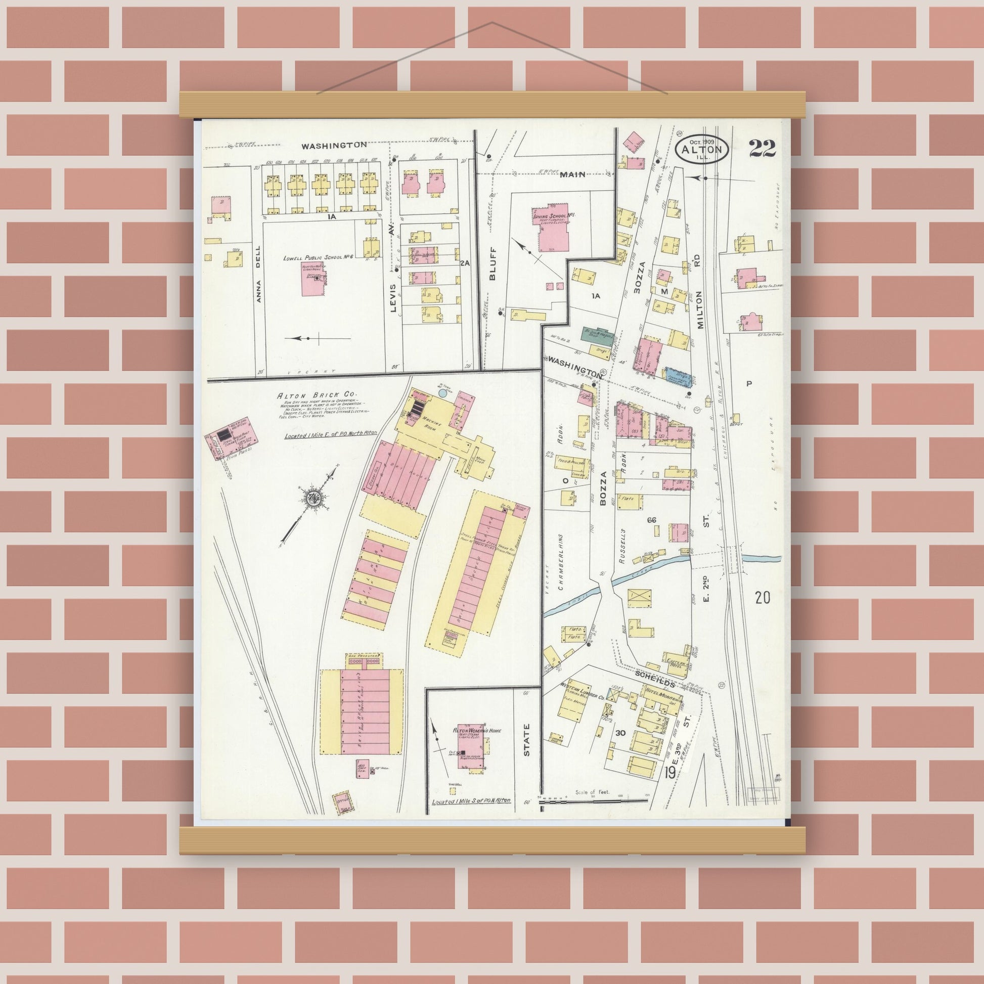 Old map wall art mockup — magnetic wood frame on brick wall — Sanborn Fire Insurance Map from Alton, Madison County, Illinois (1909), Sheet #0022