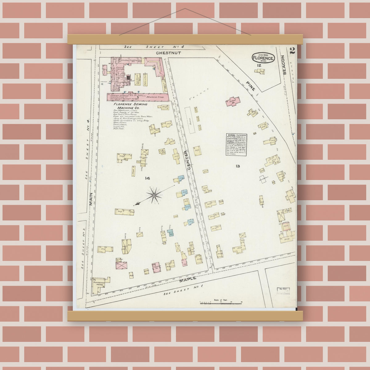 Old map wall art mockup — magnetic wood frame on brick wall — Sanborn Fire Insurance Map from Florence, Hampshire County, Massachusetts (1884), Sheet #0002