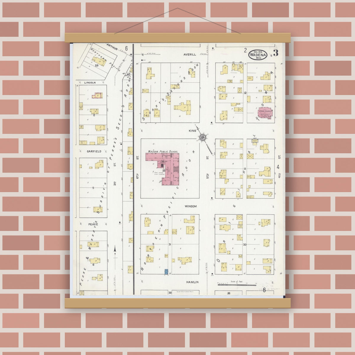 Old map wall art mockup — magnetic wood frame on brick wall — Sanborn Fire Insurance Map from Wadena, Wadena County, Minnesota (1916), Sheet #0003