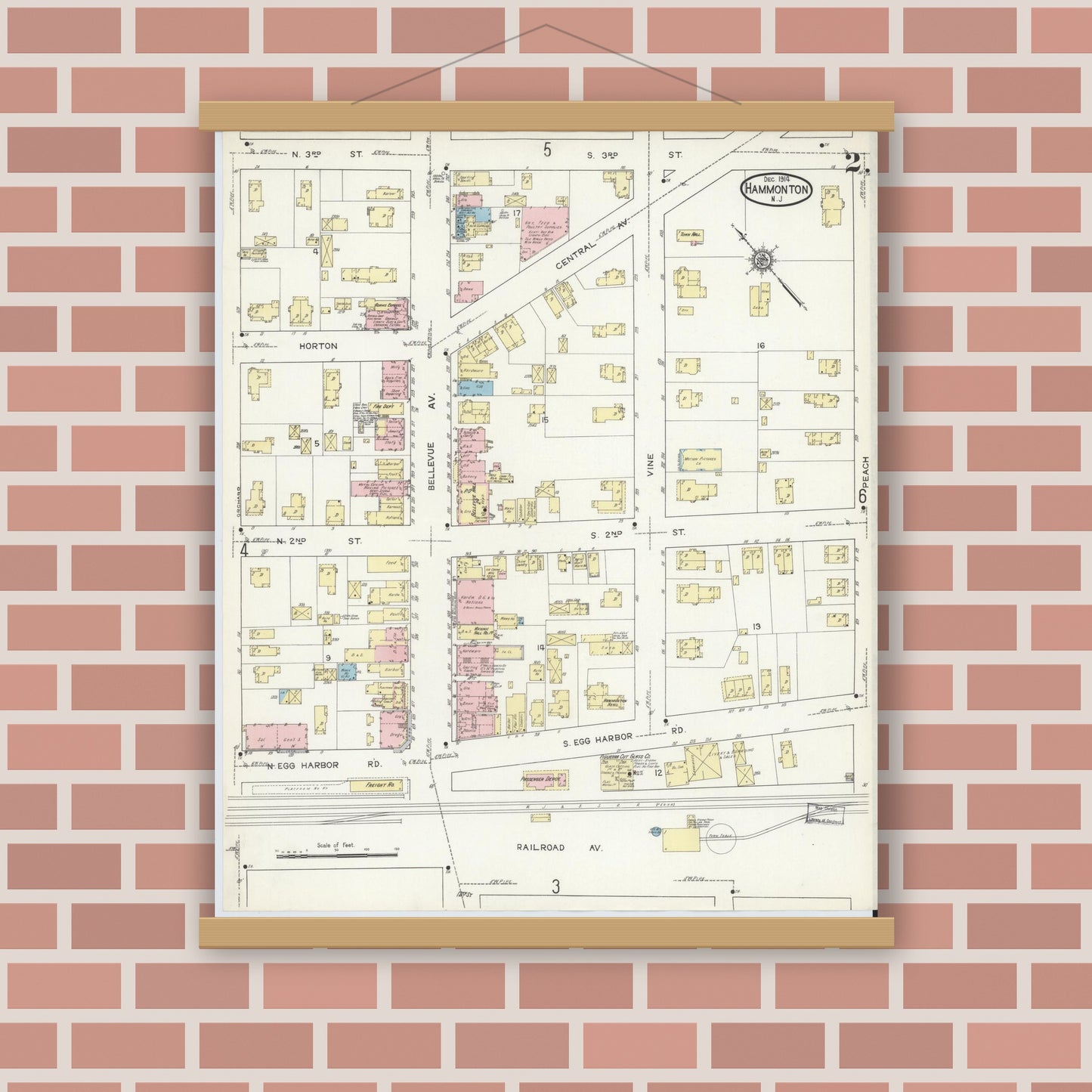 Old map wall art mockup — magnetic wood frame on brick wall — Sanborn Fire Insurance Map from Hammonton, Atlantic County, New Jersey (1914), Sheet #0002