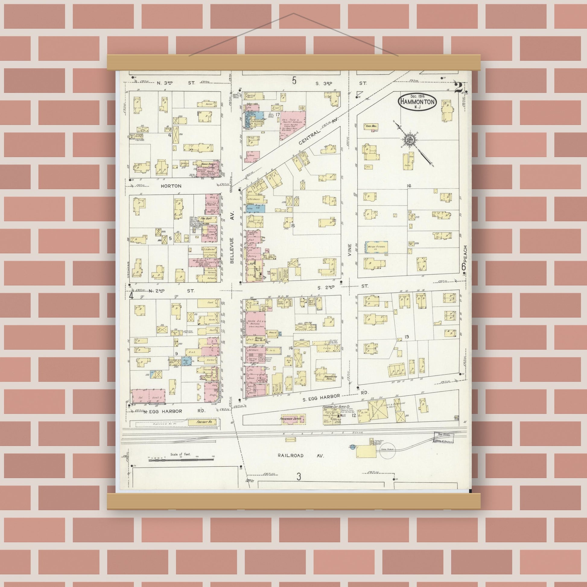 Old map wall art mockup — magnetic wood frame on brick wall — Sanborn Fire Insurance Map from Hammonton, Atlantic County, New Jersey (1914), Sheet #0002