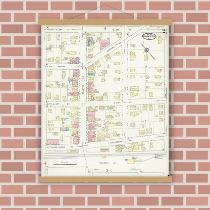 Old map wall art mockup — magnetic wood frame on brick wall — Sanborn Fire Insurance Map from Hammonton, Atlantic County, New Jersey (1914), Sheet #0002