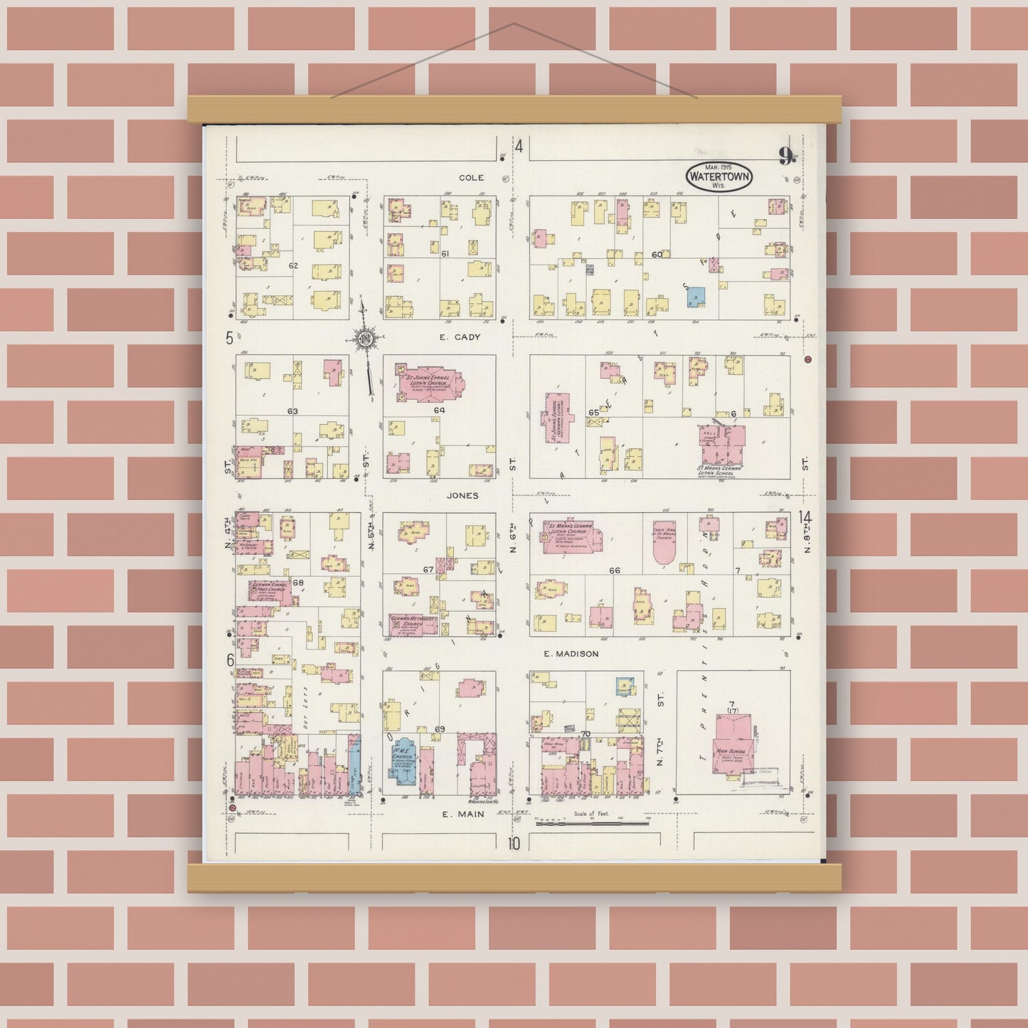 Old map wall art mockup — magnetic wood frame on brick wall — Sanborn Fire Insurance Map from Watertown, Jefferson County, Wisconsin (1915), Sheet #0010