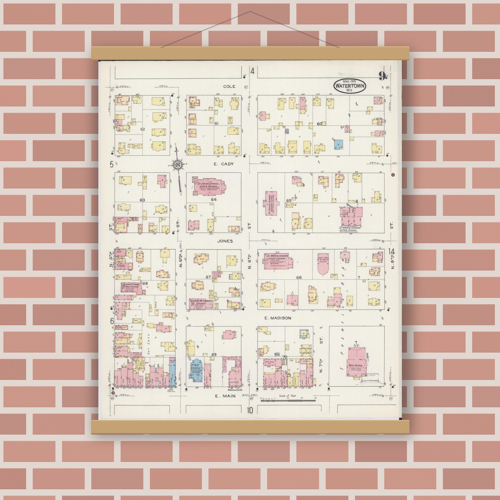 Old map wall art mockup — magnetic wood frame on brick wall — Sanborn Fire Insurance Map from Watertown, Jefferson County, Wisconsin (1915), Sheet #0010