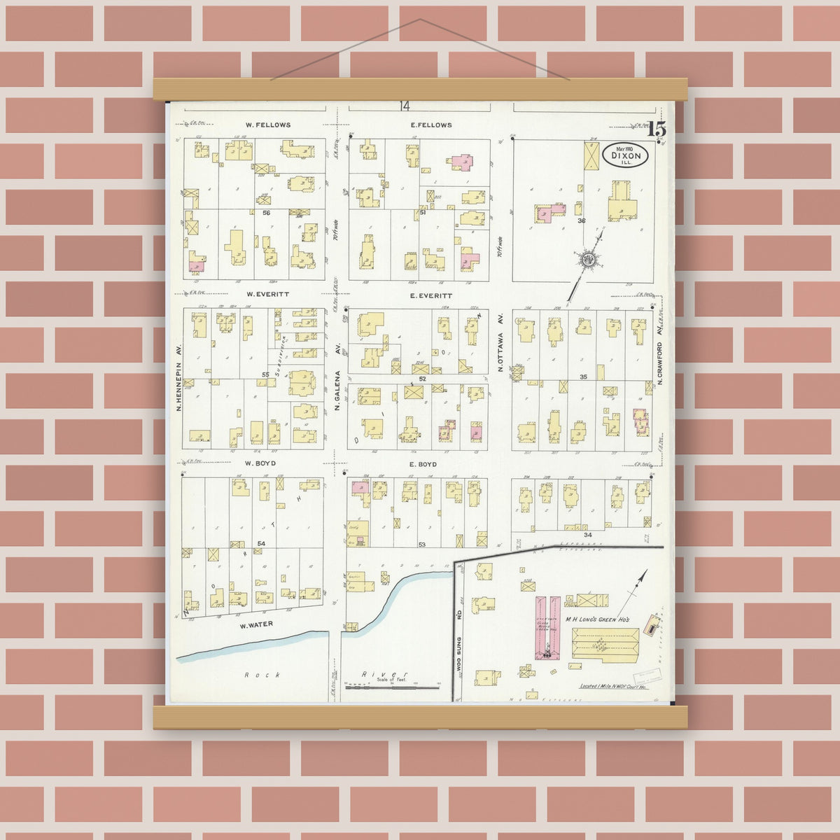 Old map wall art mockup — magnetic wood frame on brick wall — Sanborn Fire Insurance Map from Dixon, Lee County, Illinois (1910), Sheet #0015