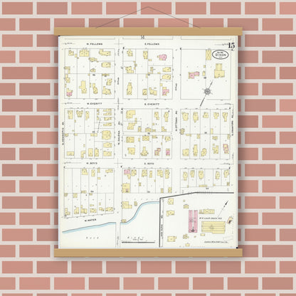 Old map wall art mockup — magnetic wood frame on brick wall — Sanborn Fire Insurance Map from Dixon, Lee County, Illinois (1910), Sheet #0015