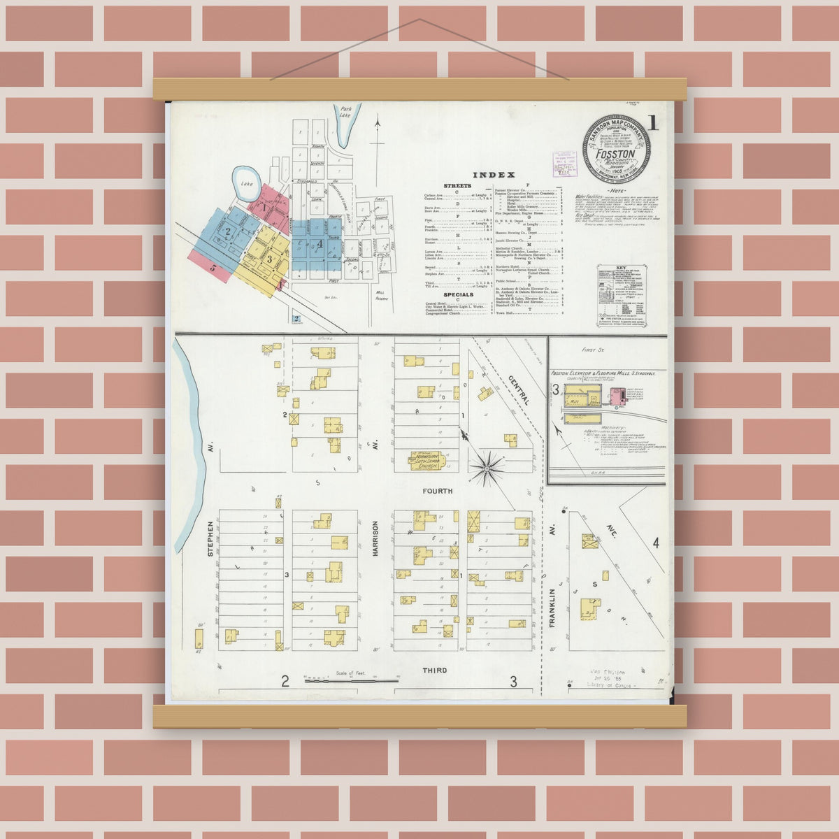 Old map wall art mockup — magnetic wood frame on brick wall — Sanborn Fire Insurance Map from Fosston, Polk County, Minnesota (1905), Sheet #0001