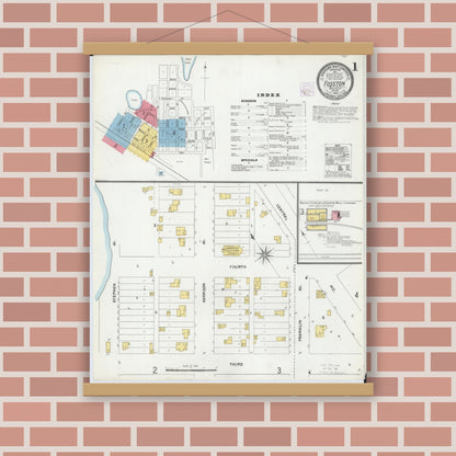 Old map wall art mockup — magnetic wood frame on brick wall — Sanborn Fire Insurance Map from Fosston, Polk County, Minnesota (1905), Sheet #0001