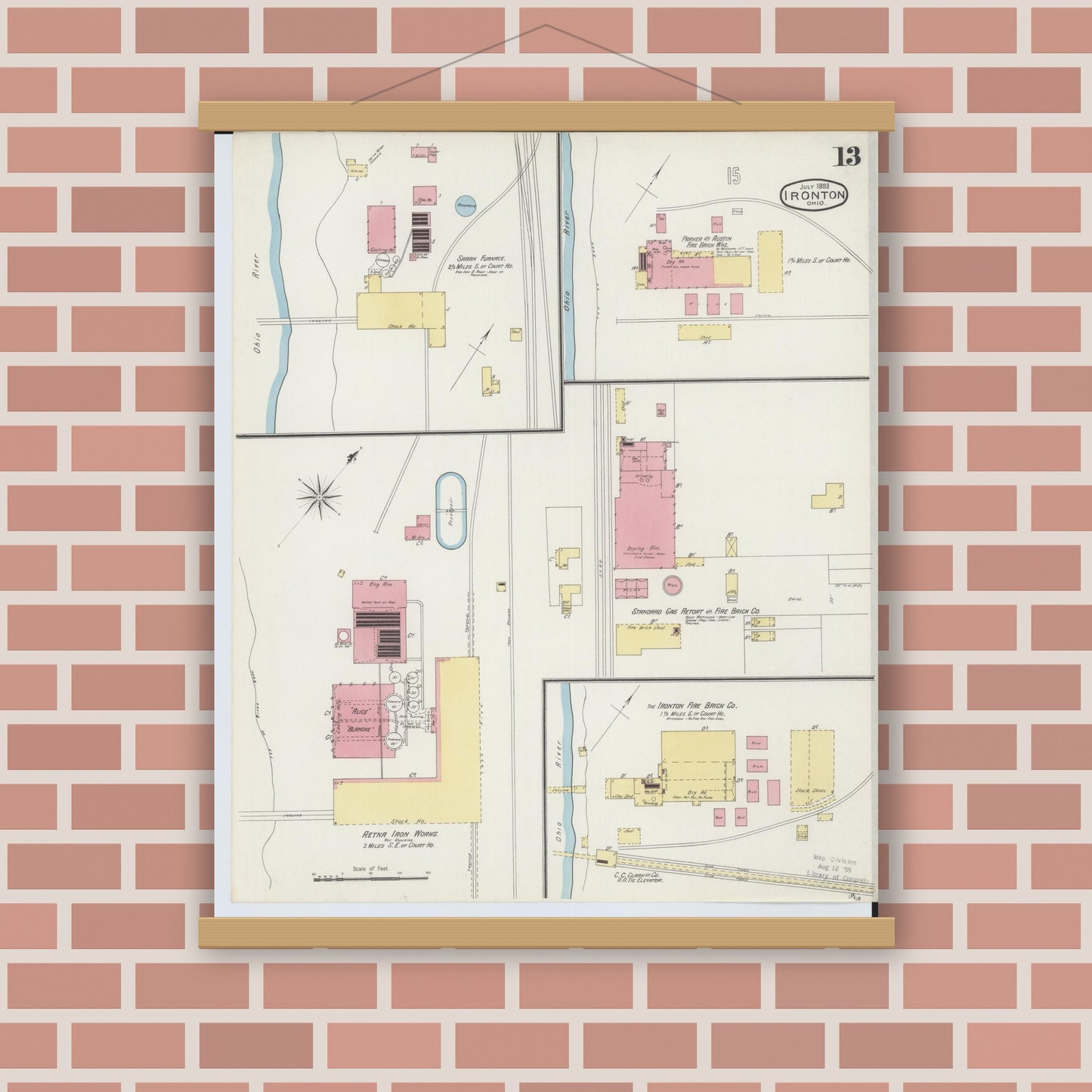 Old map wall art mockup — magnetic wood frame on brick wall — Sanborn Fire Insurance Map from Ironton, Lawrence County, Ohio (1893), Sheet #0013