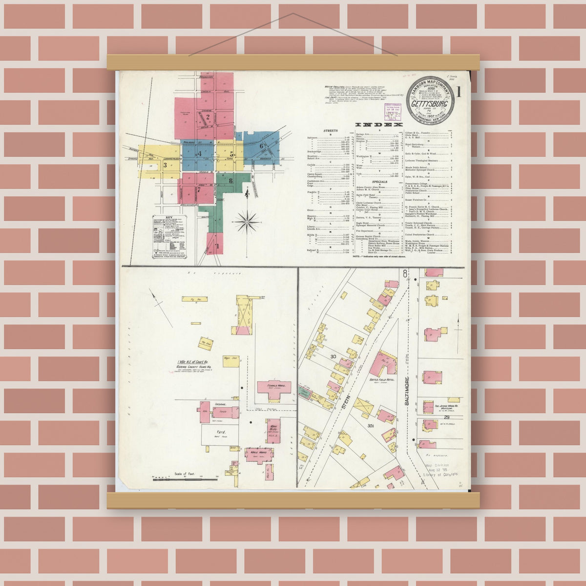Old map wall art mockup — magnetic wood frame on brick wall — Sanborn Fire Insurance Map from Gettysburg, Adams County, Pennsylvania (1907), Sheet #0001
