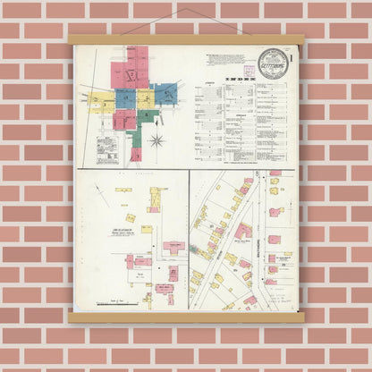 Old map wall art mockup — magnetic wood frame on brick wall — Sanborn Fire Insurance Map from Gettysburg, Adams County, Pennsylvania (1907), Sheet #0001