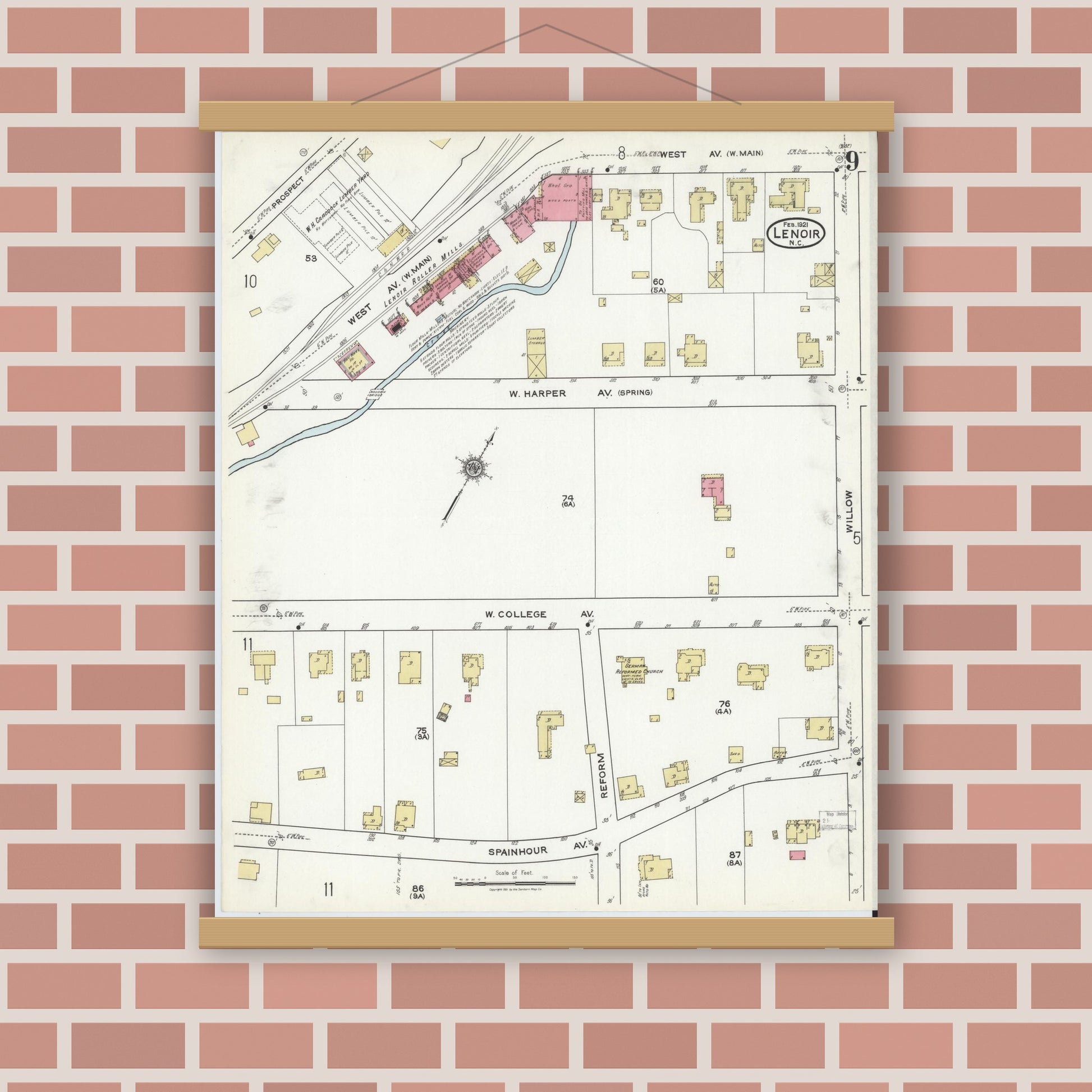 Old map wall art mockup — magnetic wood frame on brick wall — Sanborn Fire Insurance Map from Lenoir, Caldwell County, North Carolina (1921), Sheet #0009