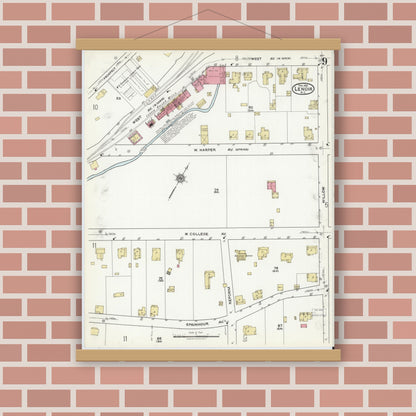 Old map wall art mockup — magnetic wood frame on brick wall — Sanborn Fire Insurance Map from Lenoir, Caldwell County, North Carolina (1921), Sheet #0009