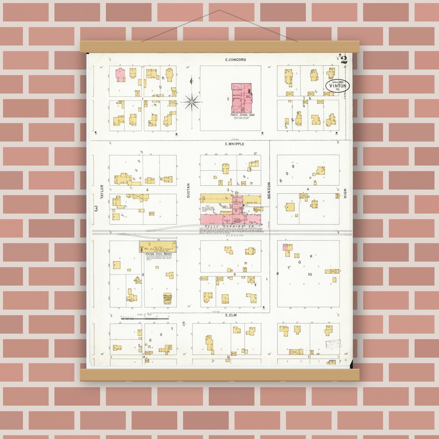 Old map wall art mockup — magnetic wood frame on brick wall — Sanborn Fire Insurance Map from Vinton, Benton County, Iowa (1899), Sheet #0002