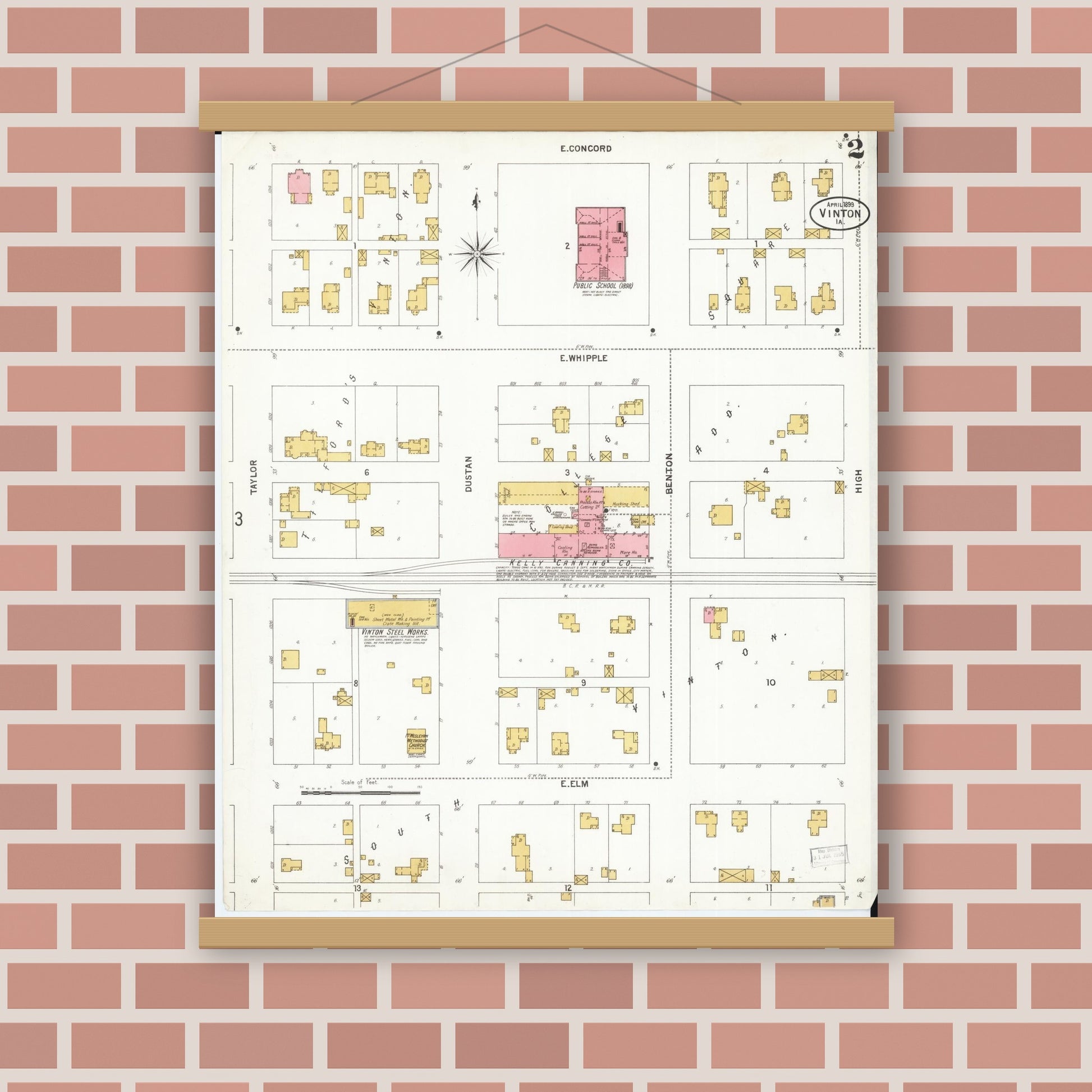 Old map wall art mockup — magnetic wood frame on brick wall — Sanborn Fire Insurance Map from Vinton, Benton County, Iowa (1899), Sheet #0002