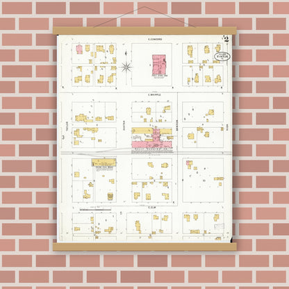 Old map wall art mockup — magnetic wood frame on brick wall — Sanborn Fire Insurance Map from Vinton, Benton County, Iowa (1899), Sheet #0002