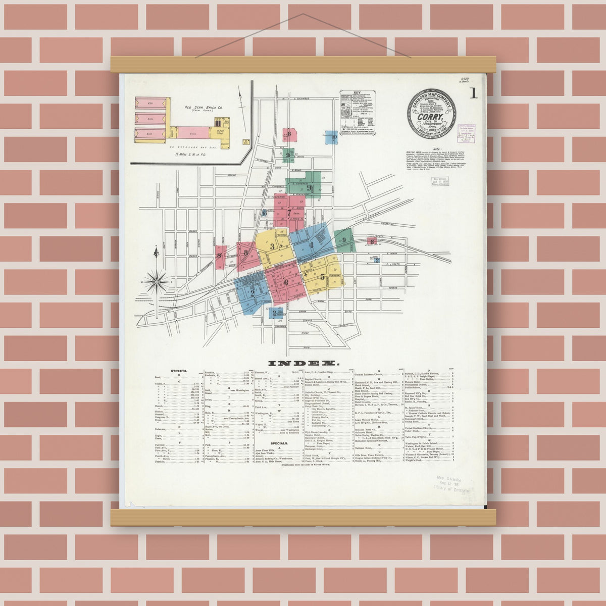 Old map wall art mockup — magnetic wood frame on brick wall — Sanborn Fire Insurance Map from Corry, Erie County, Pennsylvania (1904), Sheet #0001