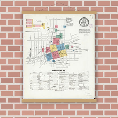 Old map wall art mockup — magnetic wood frame on brick wall — Sanborn Fire Insurance Map from Corry, Erie County, Pennsylvania (1904), Sheet #0001