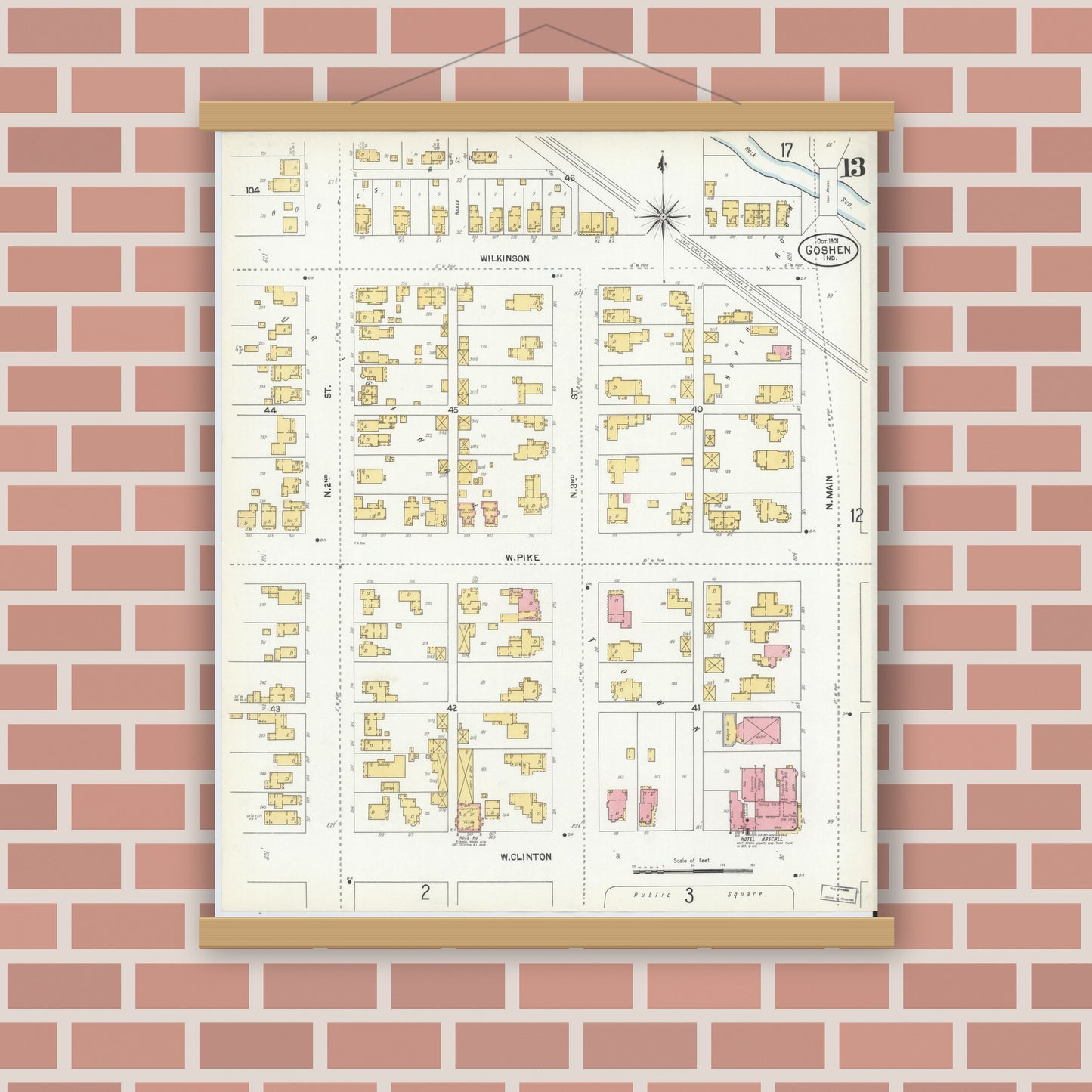 Old map wall art mockup — magnetic wood frame on brick wall — Sanborn Fire Insurance Map from Goshen, Elkhart County, Indiana (1901), Sheet #0013