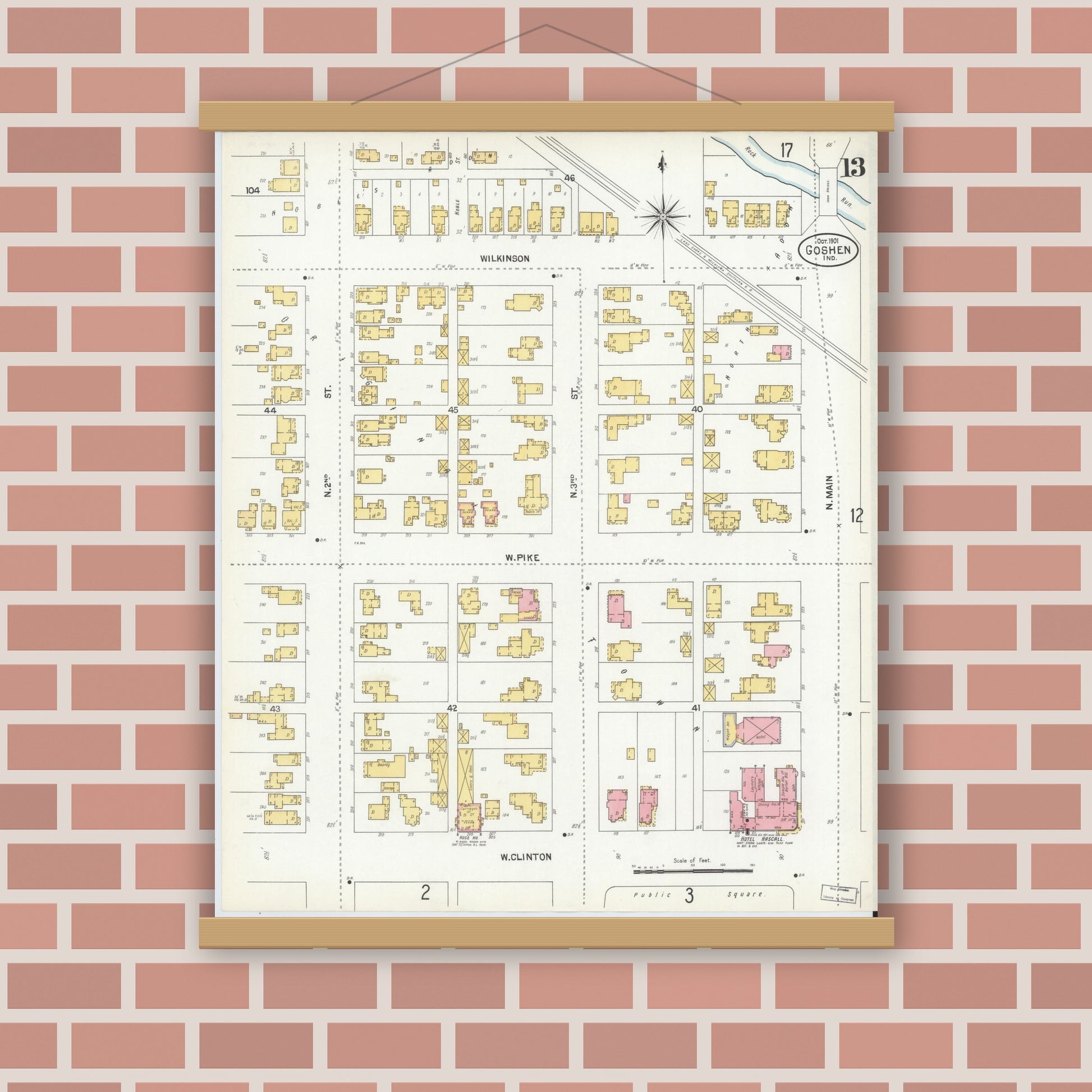 Old map wall art mockup — magnetic wood frame on brick wall — Sanborn Fire Insurance Map from Goshen, Elkhart County, Indiana (1901), Sheet #0013