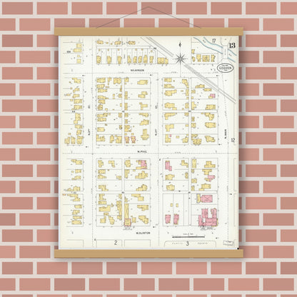 Old map wall art mockup — magnetic wood frame on brick wall — Sanborn Fire Insurance Map from Goshen, Elkhart County, Indiana (1901), Sheet #0013