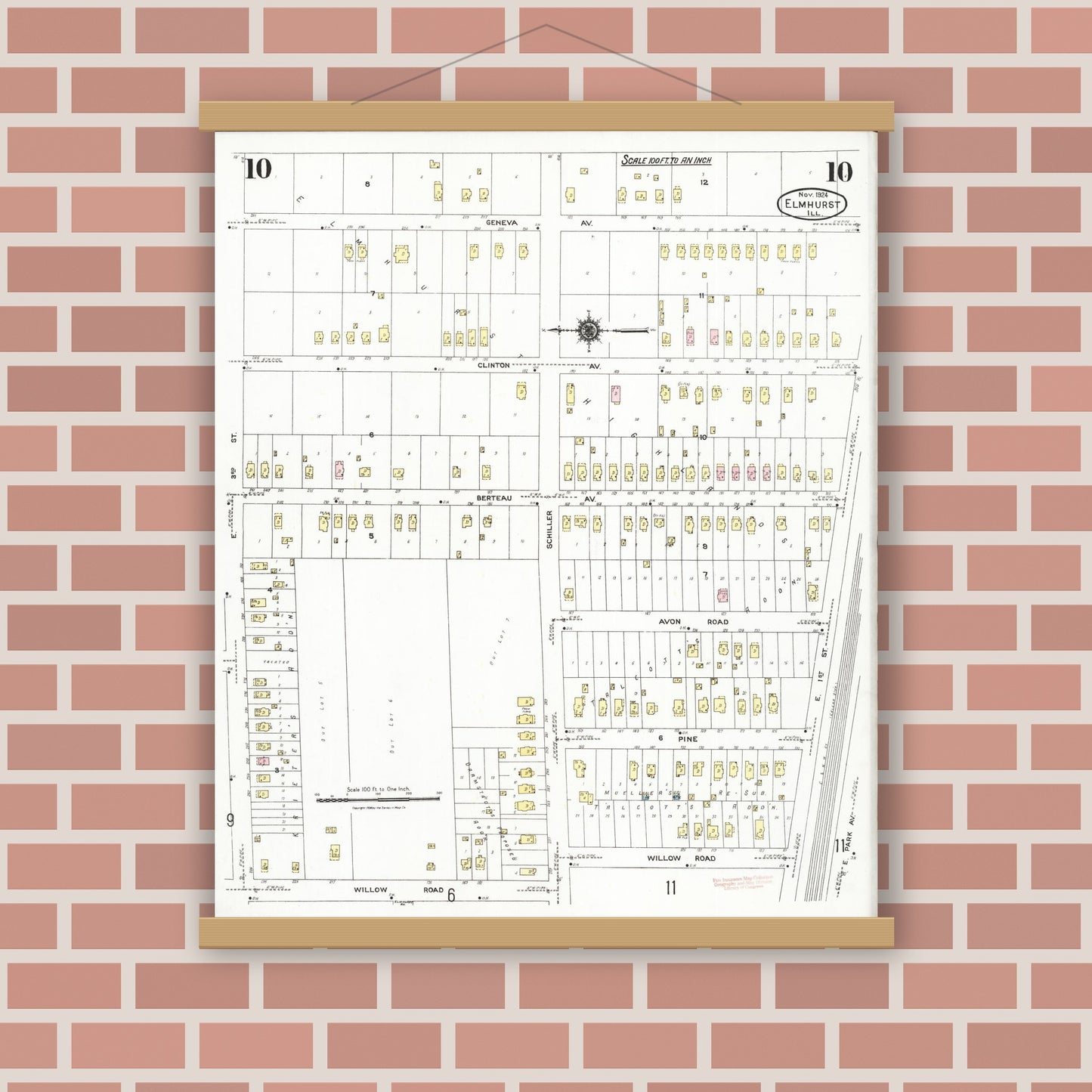 Old map wall art mockup — magnetic wood frame on brick wall — Sanborn Fire Insurance Map from Elmhurst, Du Page County, Illinois (1924), Sheet #0010